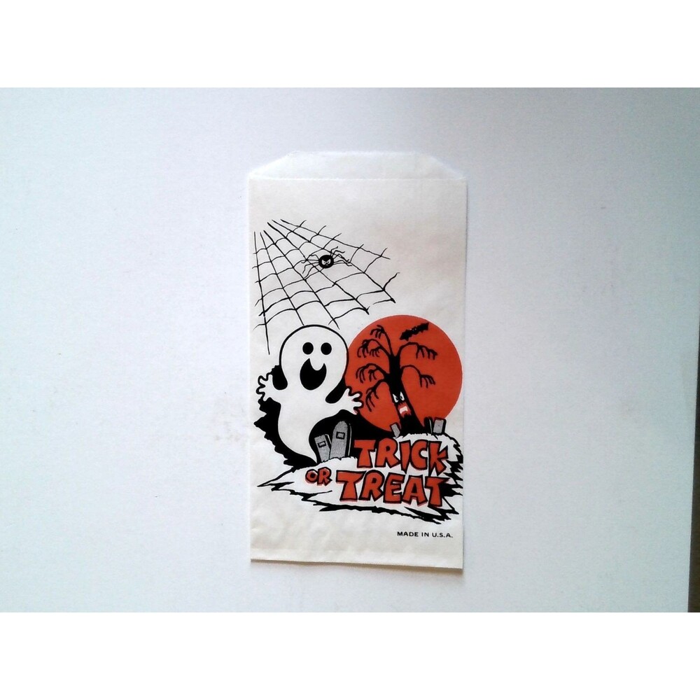 Vintage Halloween Trick or Treat Paper Candy Bag Small USA Ghost Spider Bat